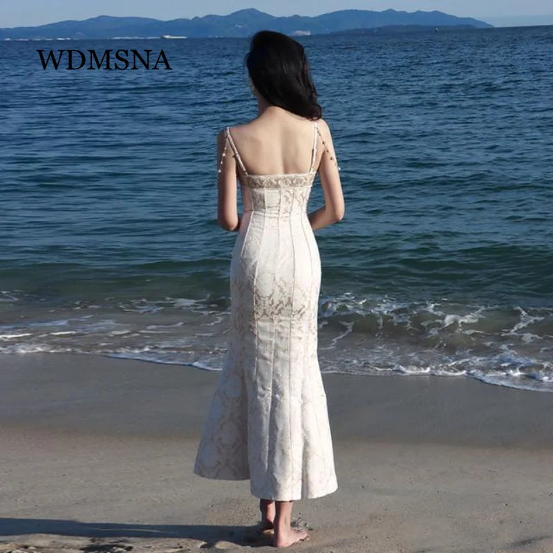 WDMSNA French Retro Palace Slim Suspender Dress for Women Summer Backless Evening Dresses Elegant Temperament Sleeveless Robe