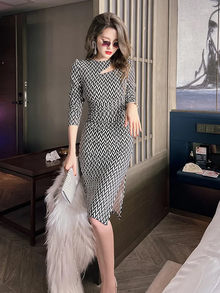 Fashion Elegant Office Women Dress O-neck Knee-Length Female Clothes Asymmetrical Hollow Plaid Split Bodycon Skinny Lady Dress