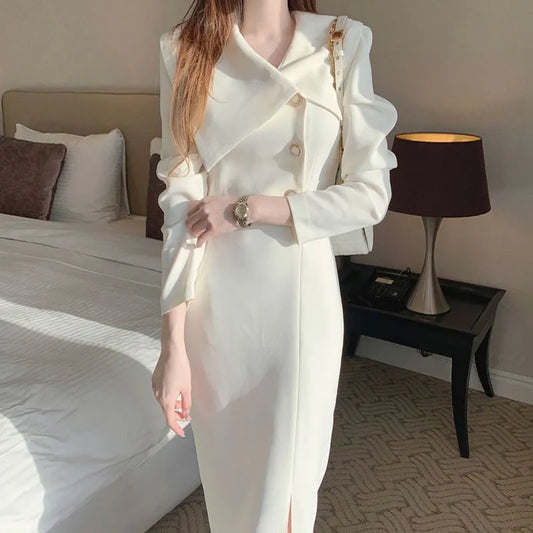 Vestidos De Mujer Elegantes Spring Elegant Simple Lapel Neck Side Buckle Waist Wrapped Long Sleeve Chiffon Dress Women