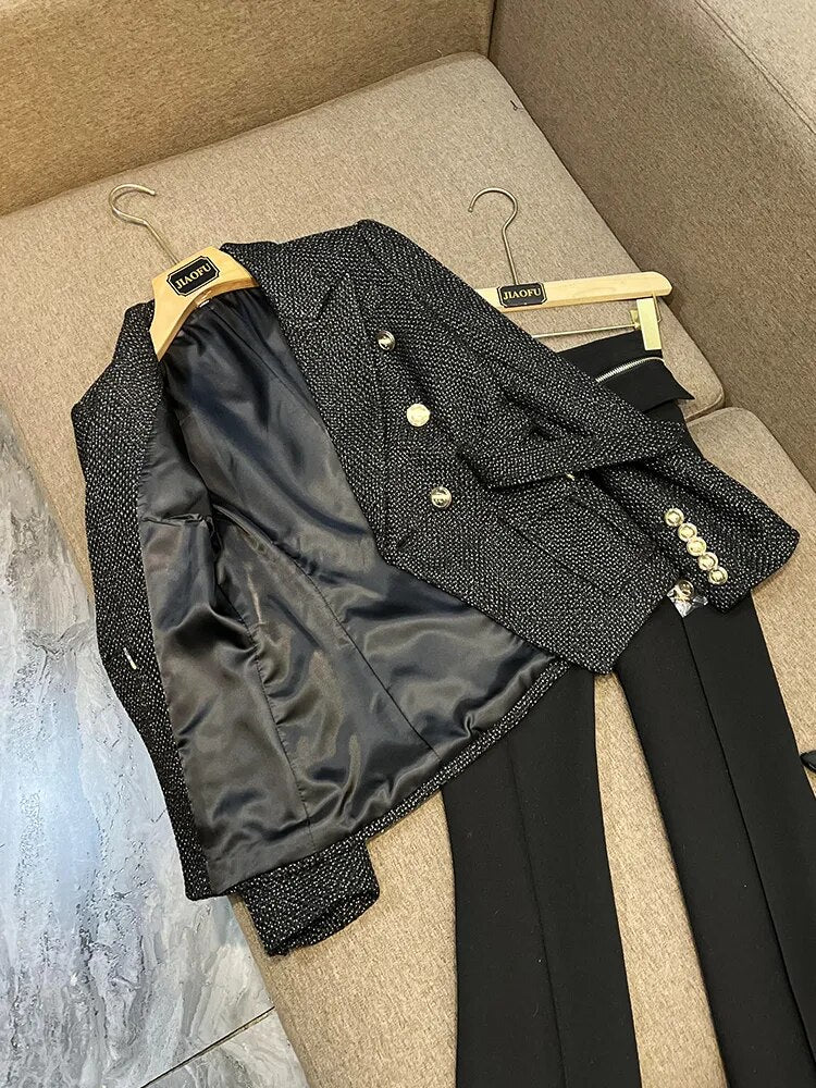 2023 Luxury Thicker Fabric Black Tweed Fabric Pocket Designing Vintage Women Slim Outerwear Blazer with Belt