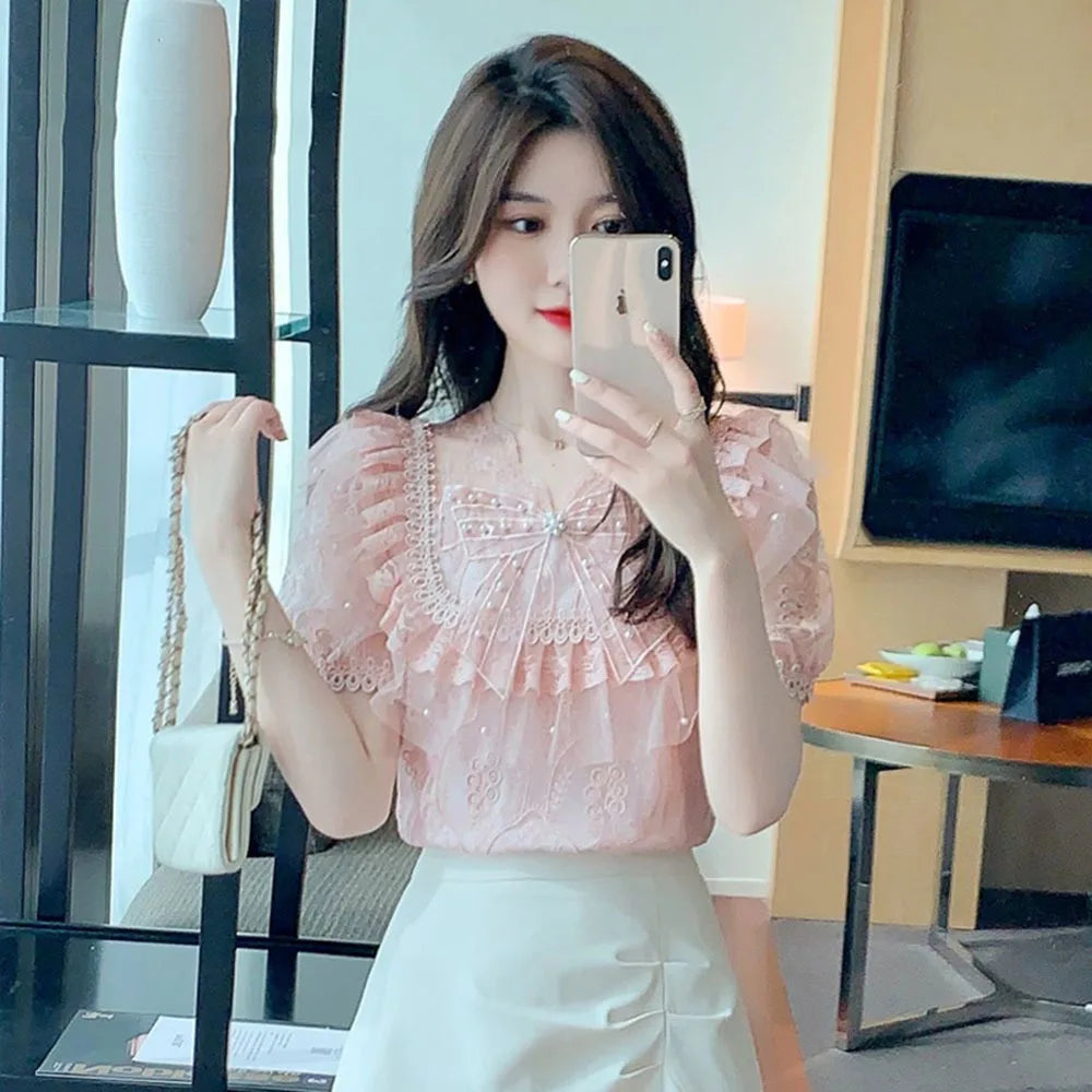 Elegant Chic Lace Blouses Female 2023 Summer Ruffle Fairy Chiffon Shirt Women's Korean Bubble Short Sleeve Beaded Bow Casual Top