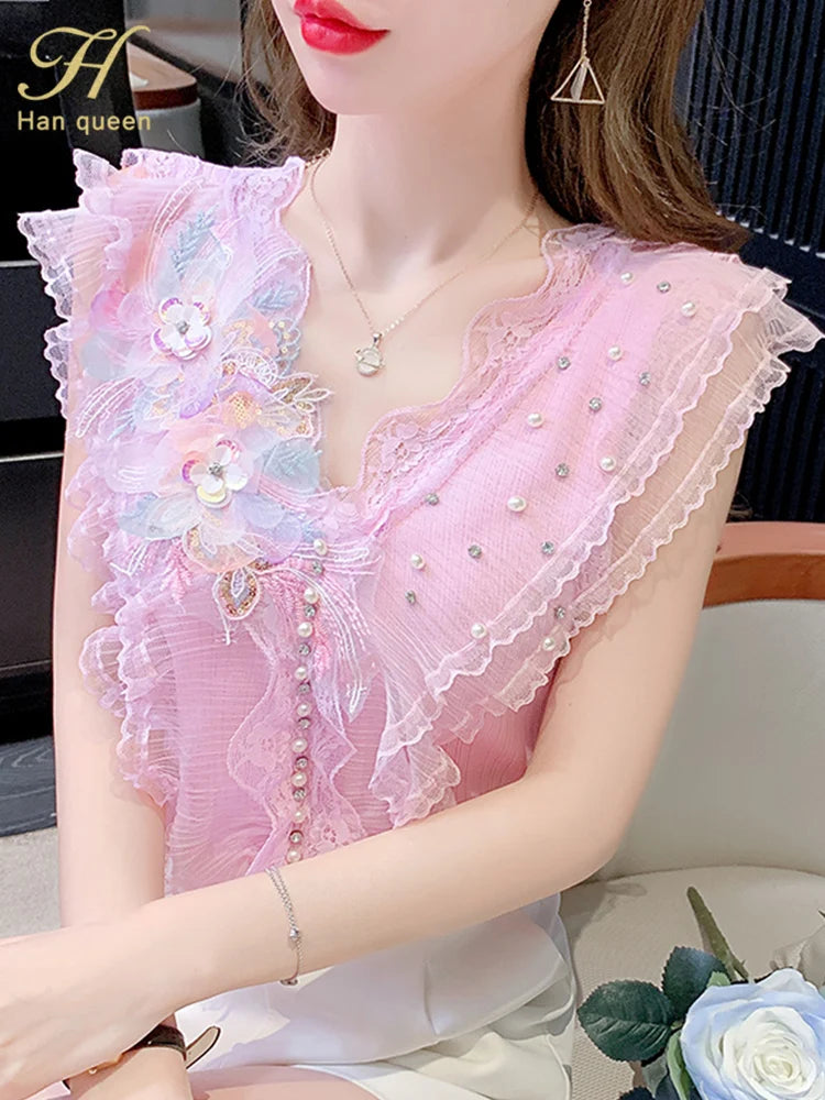 H Han Queen 2023 Summer Blusas Beaded Knitting Shirt Vintage Tops Elegant Blouse Women Loose Ruffles Flowers Casual Office Tops