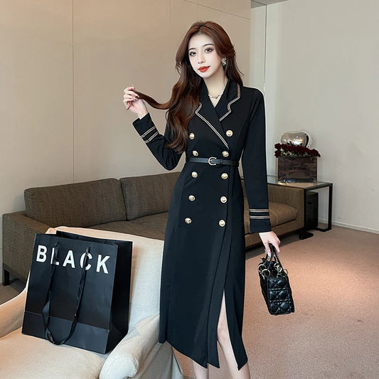 Spring Autumn Double Breasted Mid-leng Trench Coat Dresses for Women Elegant Black Slim Lapel Slim Casual Slit Dress with Belt