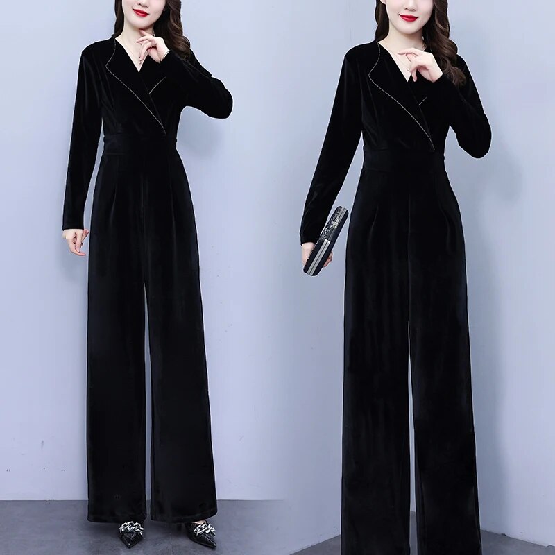 Women Velour Jumpsuit Black Overalls Long Sleeve Elegant Jumpsuits Streetwear 2023 Vintage New Female High Quality Rompers