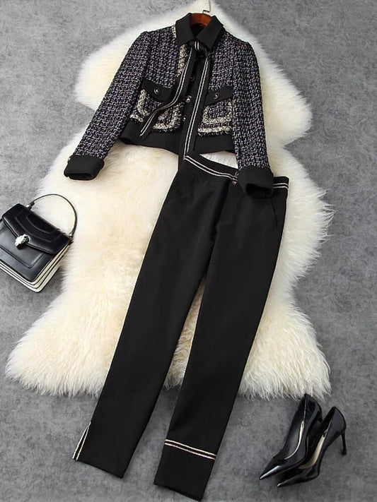 HIGH STREET 2023 Autumn Winter Designer Runway Suit Set Women's Lapel Tweed Jacket  Pants Suit