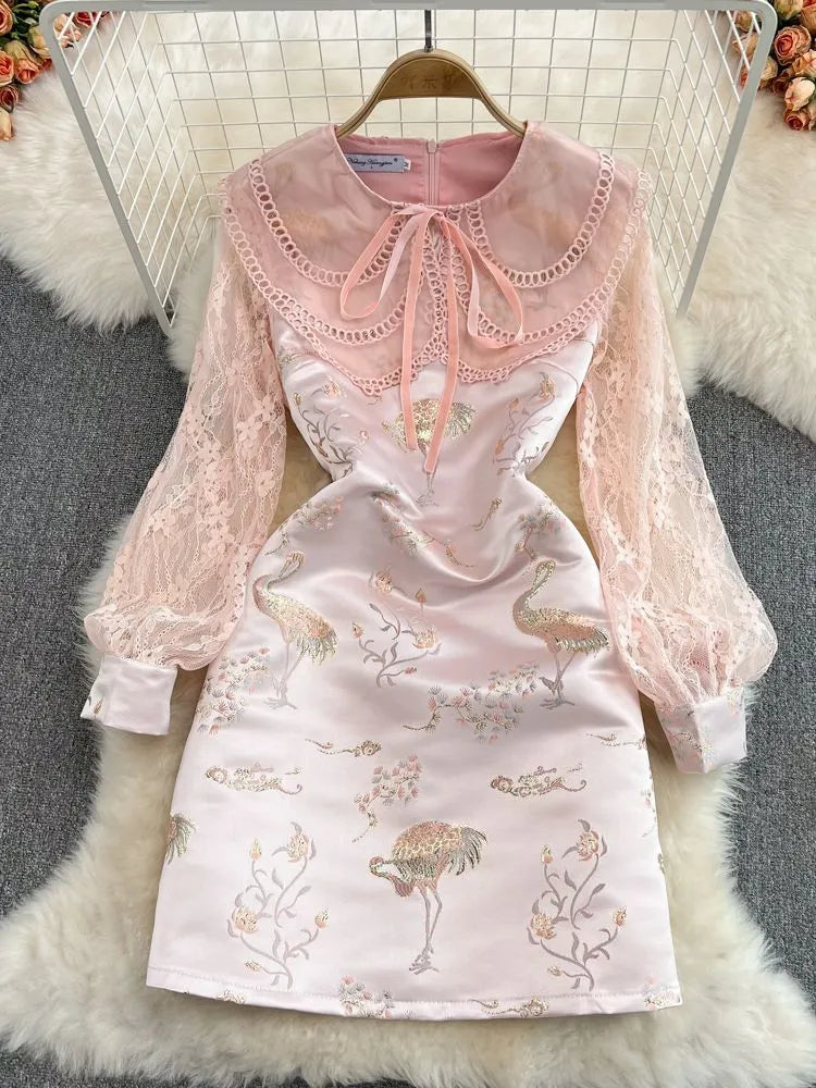 Sweet Girls Runway Mini Dress Women Pink Lace Patchwork Bow Collar Long Sleeve Flower Embroidered Jacquard Satin Party Vestidos