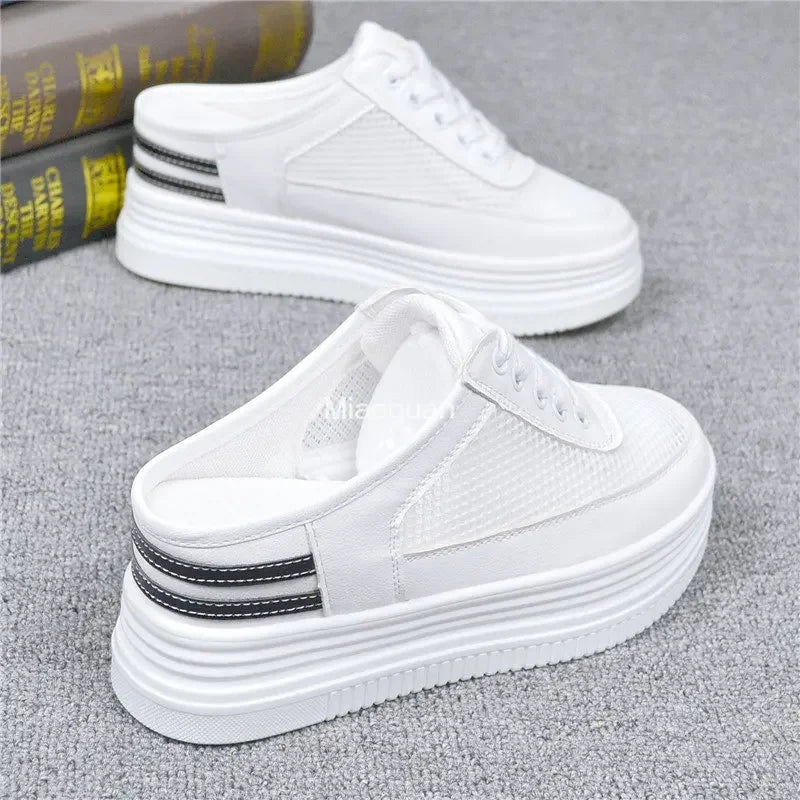 Slippers Women Summer Platform Cover Toe Flat Shoes Female Loafers Luxury Slides on Wedge 2023 Designer Mesh Breathable White PU