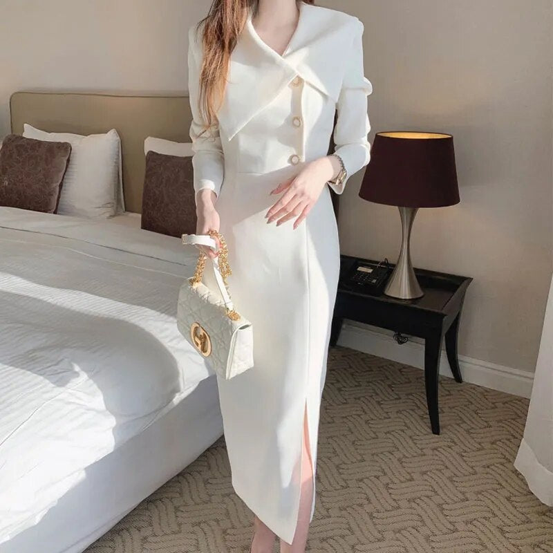 Vestidos De Mujer Elegantes Spring Elegant Simple Lapel Neck Side Buckle Waist Wrapped Long Sleeve Chiffon Dress Women