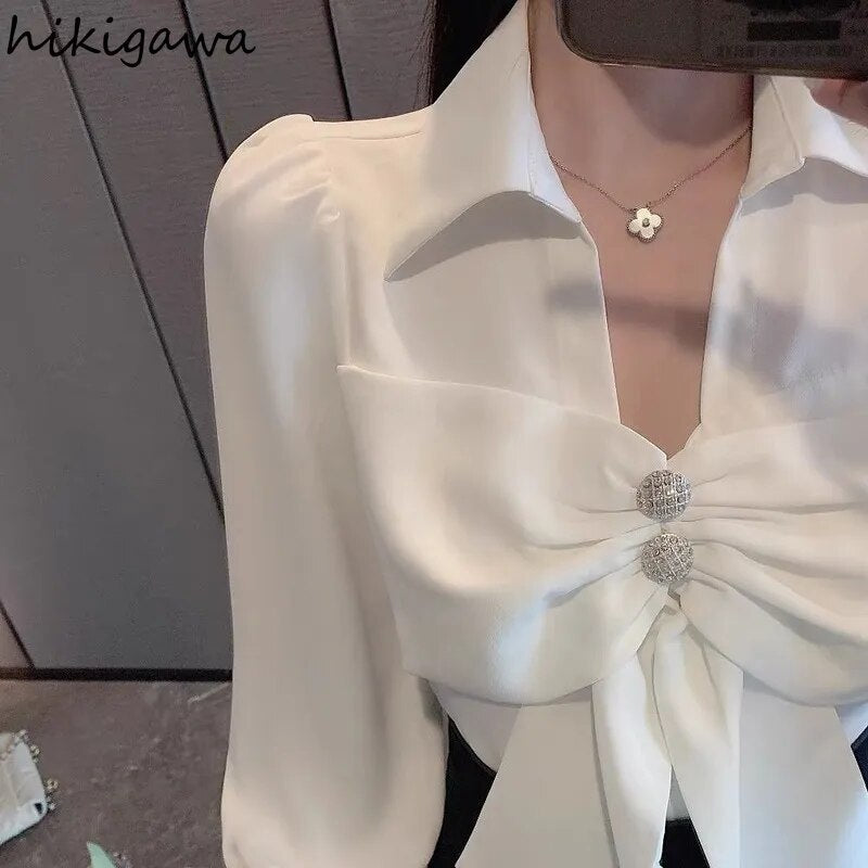 V-neck Long Sleeve Blouses Women's Clothing 2023 Korean Fashion White Shirts Ladies Tops Elegant Bow Chiffon Blusas De Mujer