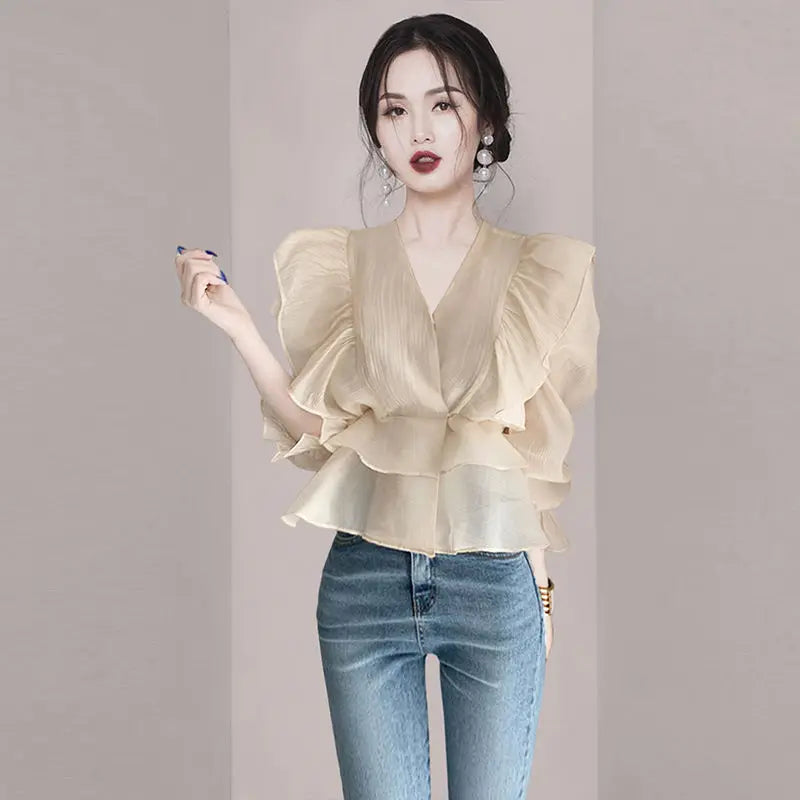 Elegant V-Neck Spliced Irregular Princess Sleeve Ruffles Blouse Women's Clothing 2023 Summer New Casual Tops Office Lady Shirt