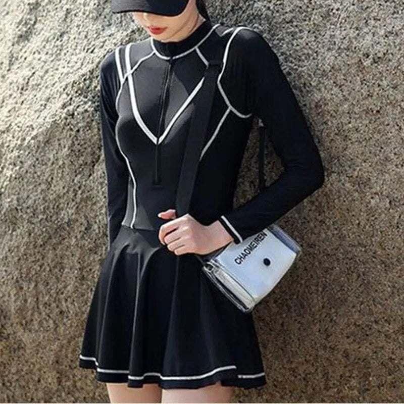 Contrasting Colors Patchwork Zipper Long Sleeve Black White With Chest Pad Without Steel Support Conjoined Body Women's Swimwear