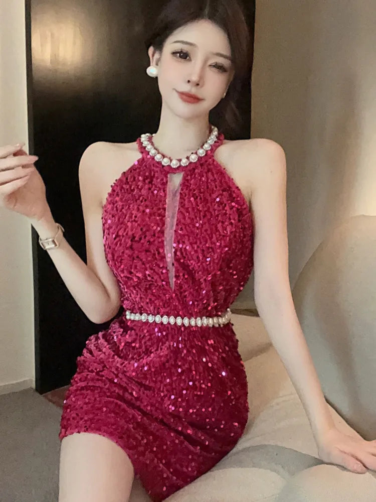 Sexy Dress Women Sleeveless Sequins Patchwork Elegant Beaded Backless 2023 Summer New Slim Stretch Party Dresses Femme