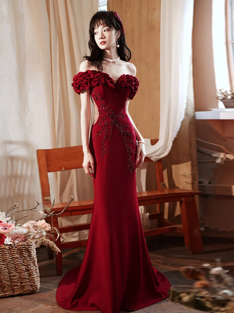 Light Luxury Wine Red Evening Dresses New Women's Off The Shoulder Beading Trailing Fishtail Dress Female Mermaid Gowns