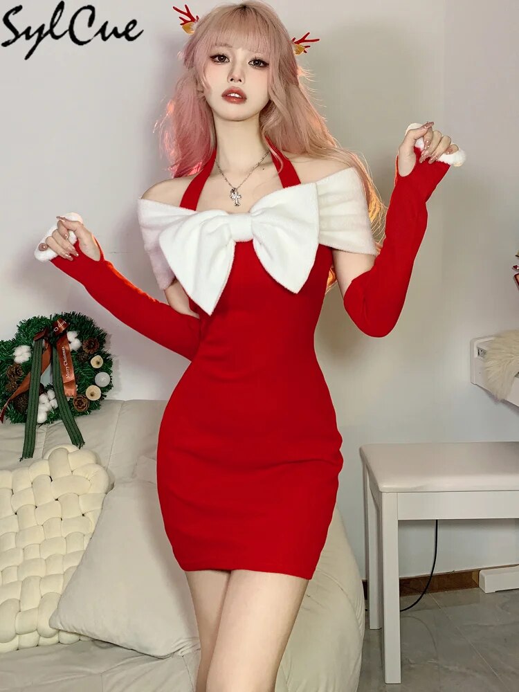 Sylcue Christmas Festive Red Bright Bow Mature Sexy Glamour Slim Hot Feminine Pure Desire Women Halter Dress Girl