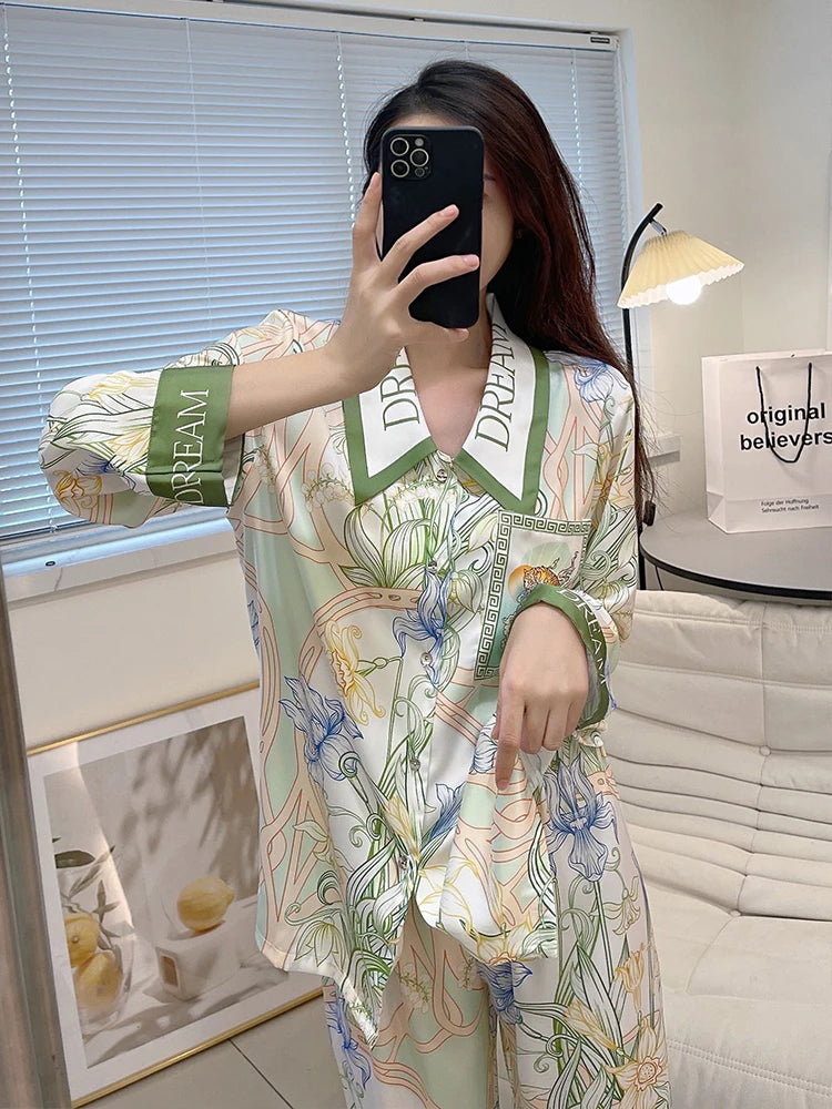 Plus Size 5xl Pajamas Set For Women Spring Summer Ice Silk Elegant Print Long Sleeve Long Pants Loose Pajamas Suit Sleepwear