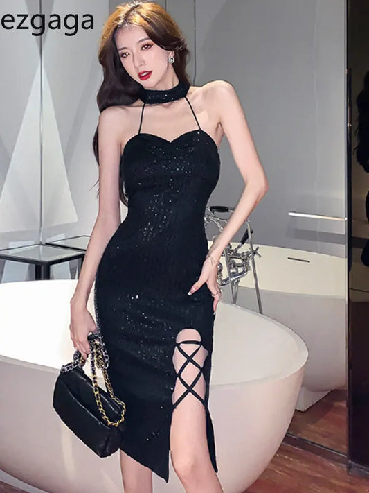 Ezgaga Sexy Dress Woman Halter Sleeveless Off Shoulder Hollow Out Sequins Bandage Split Party Dresses Elegant Ladies Clubwear