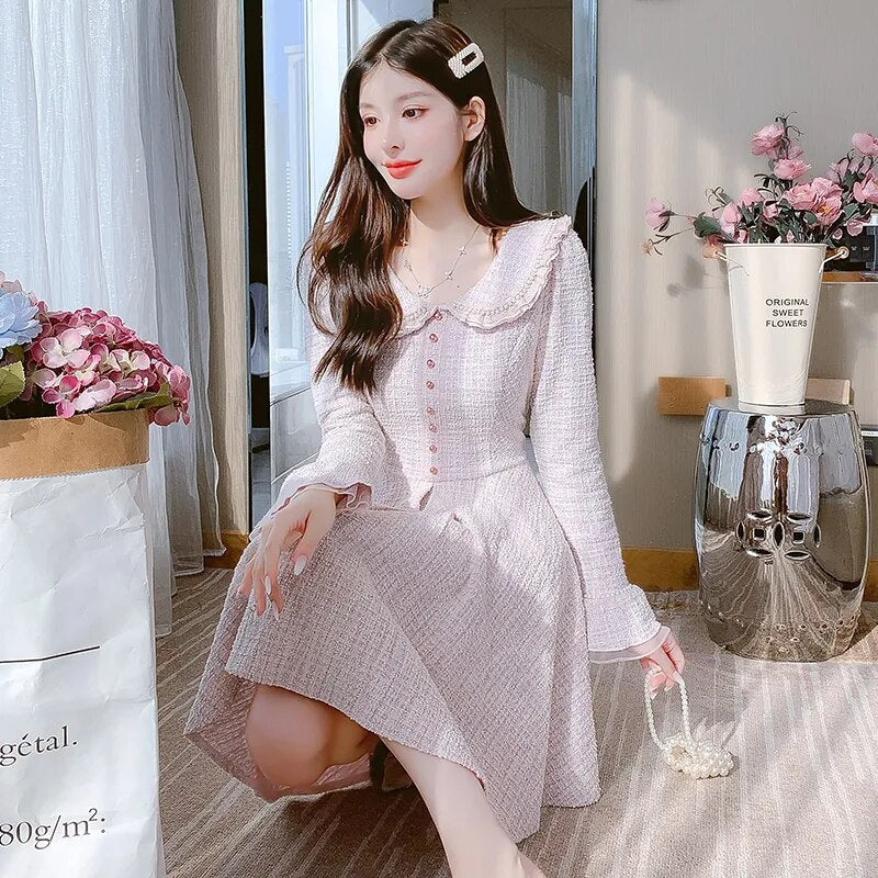 Runway Fall Korean Sweet Tweed Pearl Button Patchwork Women Dresses Female Elegant Ladies Ruffle Chic Dress Vestido Mujer