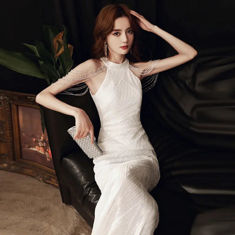 High-end evening dress female fish tail champagne color senior texture celebrity sexy fairy atmosphere banquet temperament light