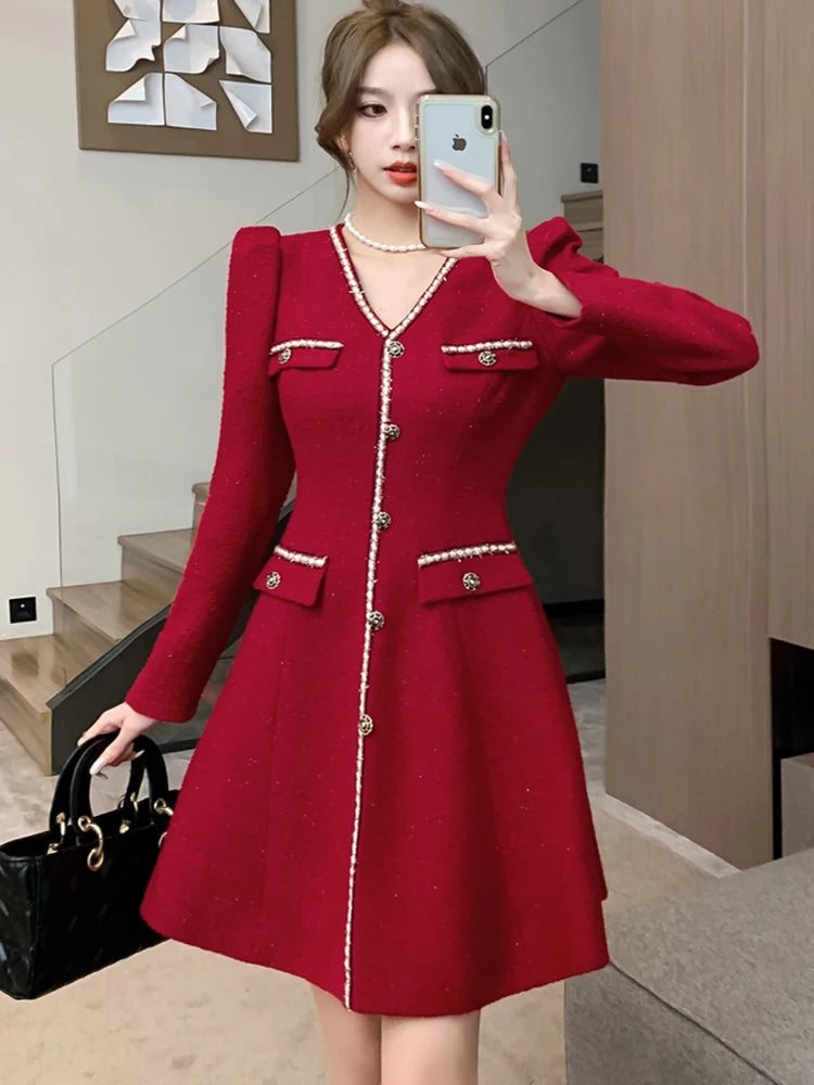 Temperament Ladies Red Tweed Dress Women Luxury Vintage Single-breasted Female V-Neck Long Sleeve Woolen Evening Party Dress