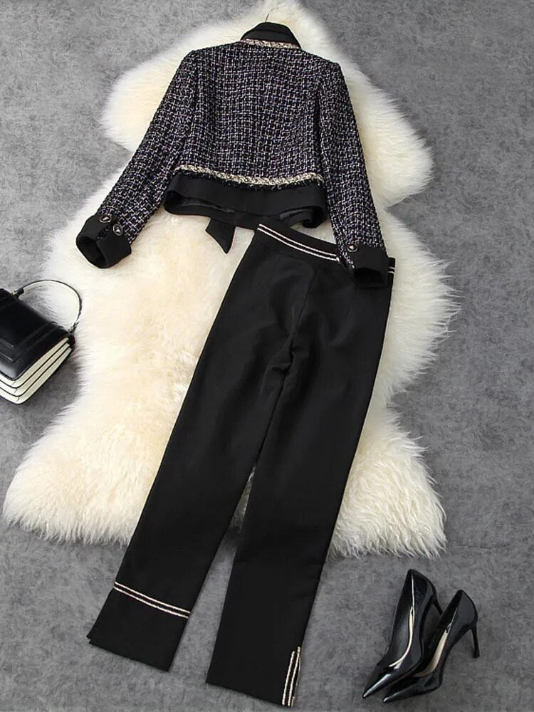 HIGH STREET 2023 Autumn Winter Designer Runway Suit Set Women's Lapel Tweed Jacket  Pants Suit