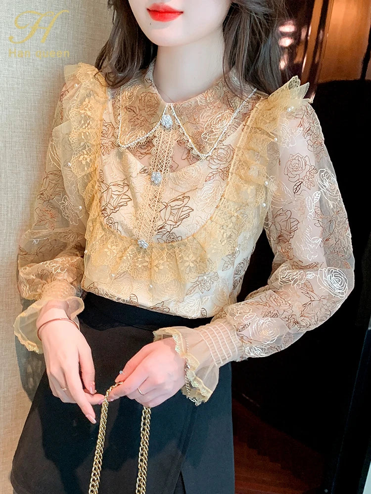 H Han Queen Autumn Blusas Basic  Embroidered Lace Blusas Vintage Tops Elegant Chiffon Blouse Women Loose Office Casual Shirts