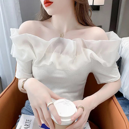 2023 New Summer Off Shoulder Short Sleeve T Shirt Women Sexy Mesh Patchwork Ruffles White Tops Woman Korean Slim Chic T-Shirt