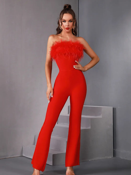 Luxury Women Summer Sexy Strapless Feather Black Red Bodycon Bandage Jumpsuit 2023 Celebrity Designer High Street Rompers