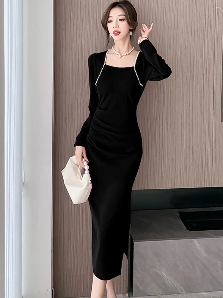 Women Korean Vintage Luxury Evening Dress Autumn Winter Black Chic Beading Square Collar Dress 2023 Elegant Casual Party Dresses