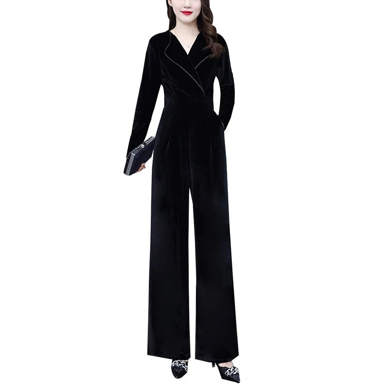 Women Velour Jumpsuit Black Overalls Long Sleeve Elegant Jumpsuits Streetwear 2023 Vintage New Female High Quality Rompers