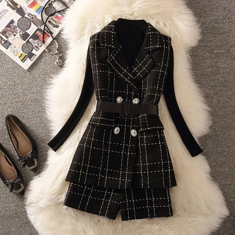 Elegant Luxury Plaid Tweed 3 Piece Sets Women Korean Shorts Suit Vintage Mid-Length Vest Jacket With Belt + Pants + Knit Sweater