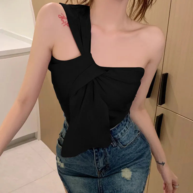 Women's One Shoulder Tank Crop Tops, Fashion Elegant Sleeveless Twist Front Solid Color Slim Fit T-Shirts Women's Clothes