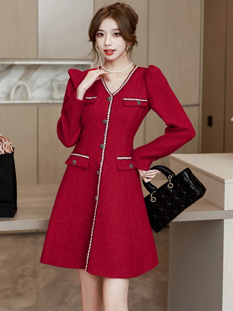 Temperament Ladies Red Tweed Dress Women Luxury Vintage Single-breasted Female V-Neck Long Sleeve Woolen Evening Party Dress