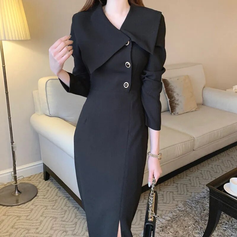 Vestidos De Mujer Elegantes Spring Elegant Simple Lapel Neck Side Buckle Waist Wrapped Long Sleeve Chiffon Dress Women