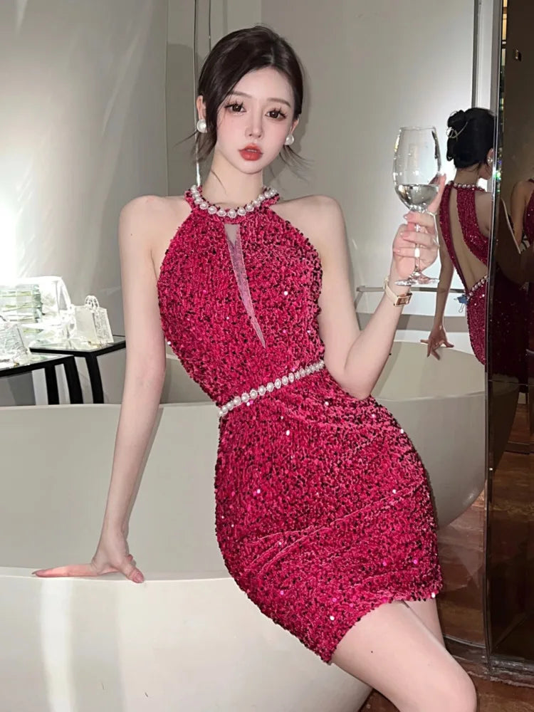 Sexy Dress Women Sleeveless Sequins Patchwork Elegant Beaded Backless 2023 Summer New Slim Stretch Party Dresses Femme