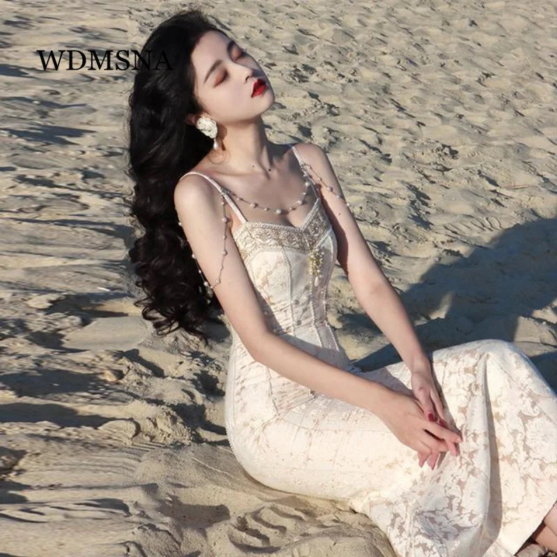 WDMSNA French Retro Palace Slim Suspender Dress for Women Summer Backless Evening Dresses Elegant Temperament Sleeveless Robe