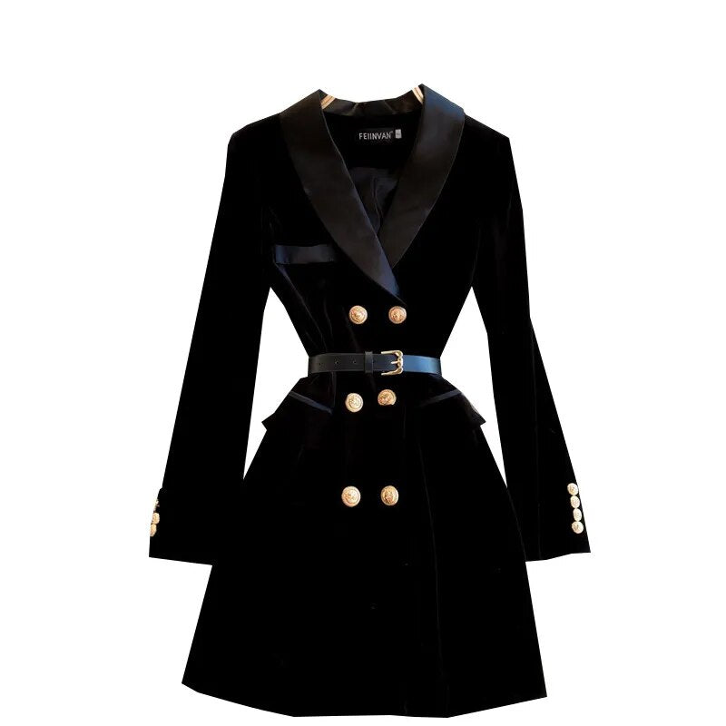 Winter 2023 New Women's Suit Collar Style British Style Double breasted Slim Fit Velvet Dress