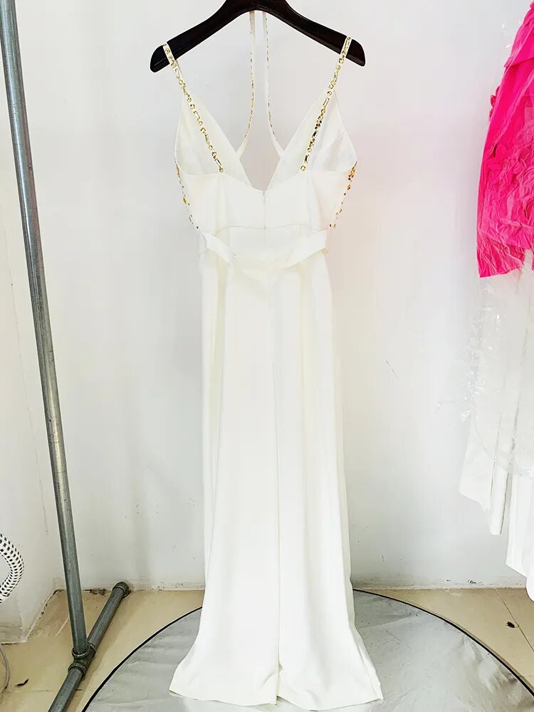 HIGH STREET Newest Fashion Summer 2023 Women's Spaghetti Strap Stunning Strass Stone Didmonds Beading Straight Jumpsuit