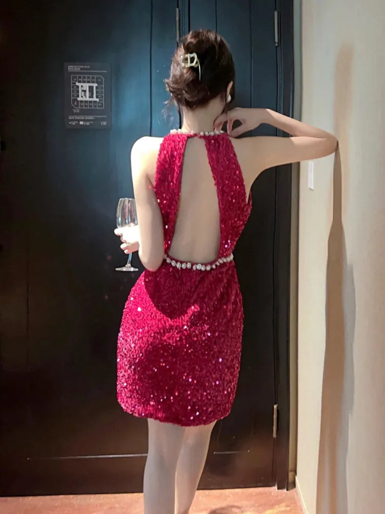 Sexy Dress Women Sleeveless Sequins Patchwork Elegant Beaded Backless 2023 Summer New Slim Stretch Party Dresses Femme