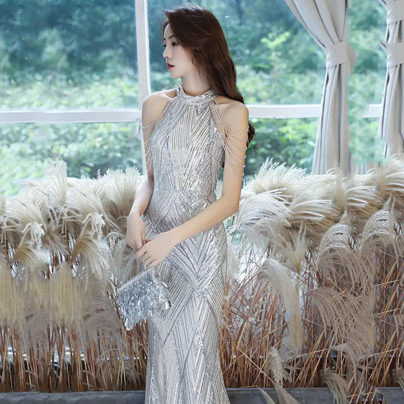 High-end evening dress female fish tail champagne color senior texture celebrity sexy fairy atmosphere banquet temperament light