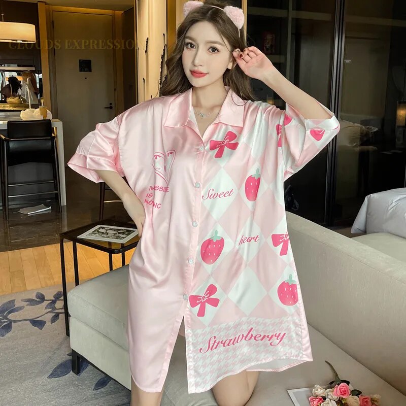 Summer Faux Silk Satin Lapel Night Skirts Gowns Elegant Women's Nightgowns Nighttie Dots Sleepshirts Ladies Sleeping Home Dress