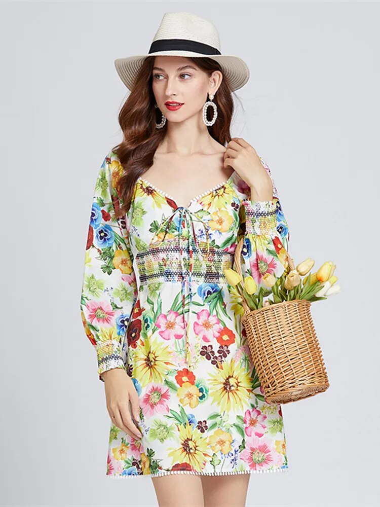 Autumn Holiday Colorful Floral Dress Women Long Lantern Sleeve V-Neck Tie Bandage High Waist Flower Print Vacation Mini Vestidos