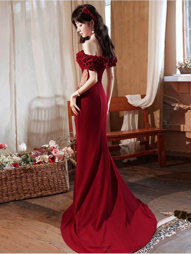 Light Luxury Wine Red Evening Dresses New Women's Off The Shoulder Beading Trailing Fishtail Dress Female Mermaid Gowns