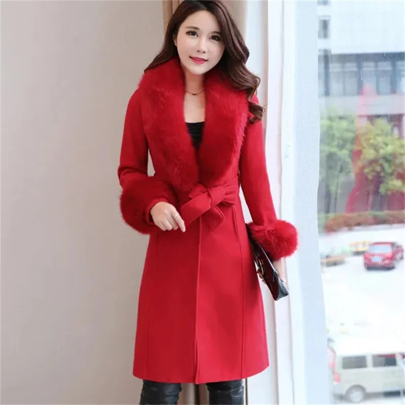 Elegant Luxury Solid Color Plus Size 3xl Long Jacket For Women Autumn Winter Faux Fur Lapel Belt Bow Coat Simple Slim Tweed Coat