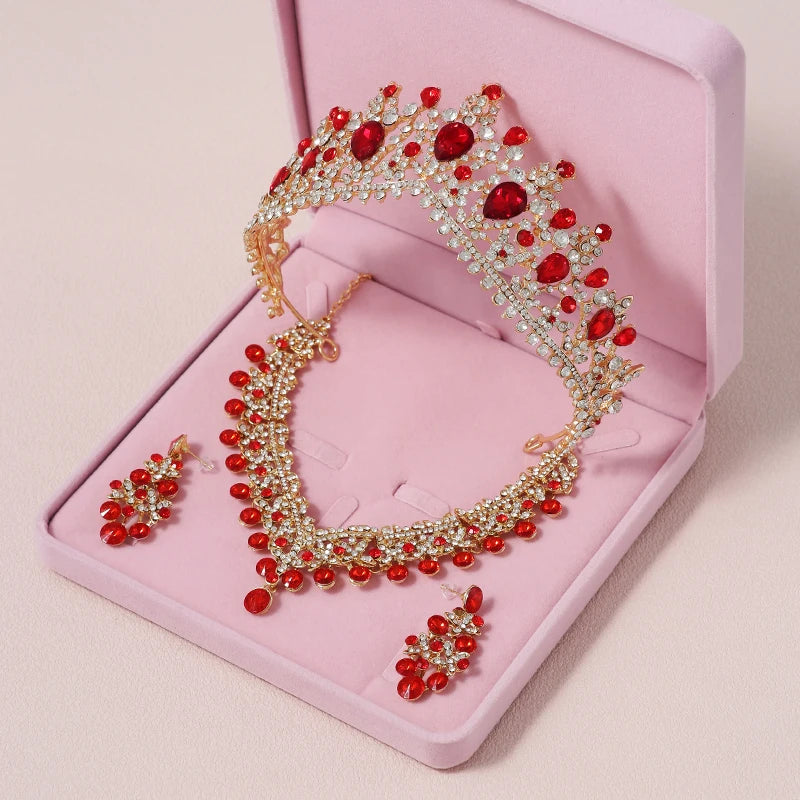 Itacazzo Bridal Headwear Crown Necklace Earrings Red-Colour Women's Exquisite Wedding Set of Four Tiaras