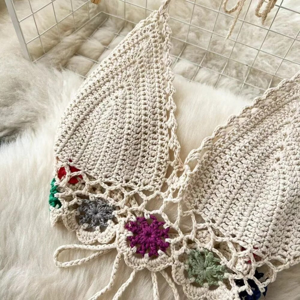 Women Tassel Sexy Tanks Crop Tops Bikinis Knitted Crochet Swimming Swimwear Bead Work Beachwear Camisole Women Hollow Out Skirt