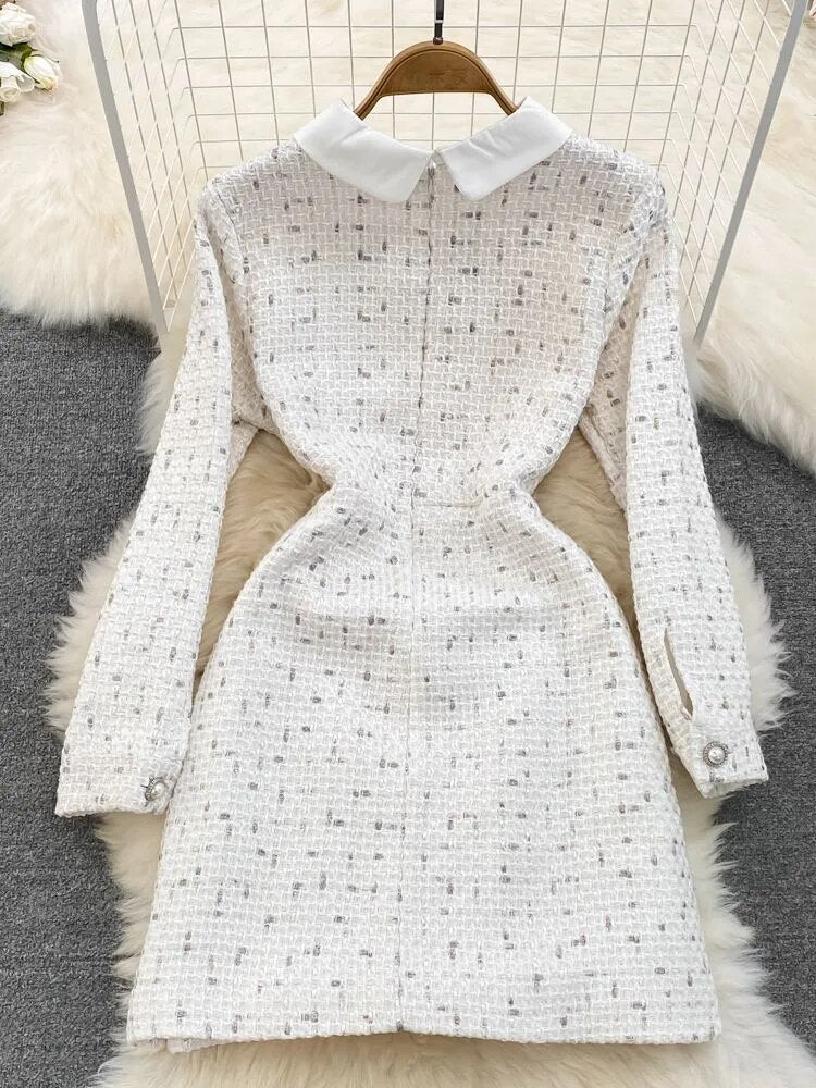 Autumn Winter 2022 Vintage Small Fragrant Sweet Tweed Wool Short Dress Women Peter Pan Collar Pearls Buttons A-Line Vestidos