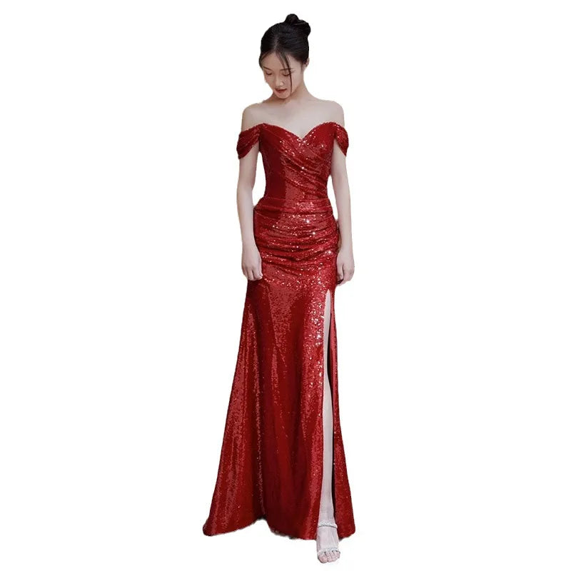 Ofallsis Off The Shoulder Toast Bridal Wine Red Wedding Dress 2023 Aummer Sexy Vintage Luxury Slim Engagement Fishtail Dresses