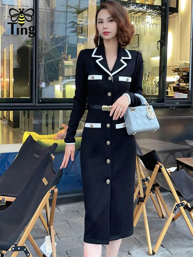 Tingfly Runway Fashion Women Black High Quality Straight Knee Length Dress Office Lady Notched Collar Work Vestidos Traf Elbise