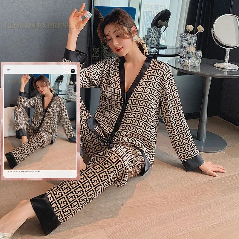 Spring Summer Ladies Faux Silk Polyester Pajama Sets Sexy Homewear Women's Casual Luxury Pajamas Thin Pajamas Female Sleepwear