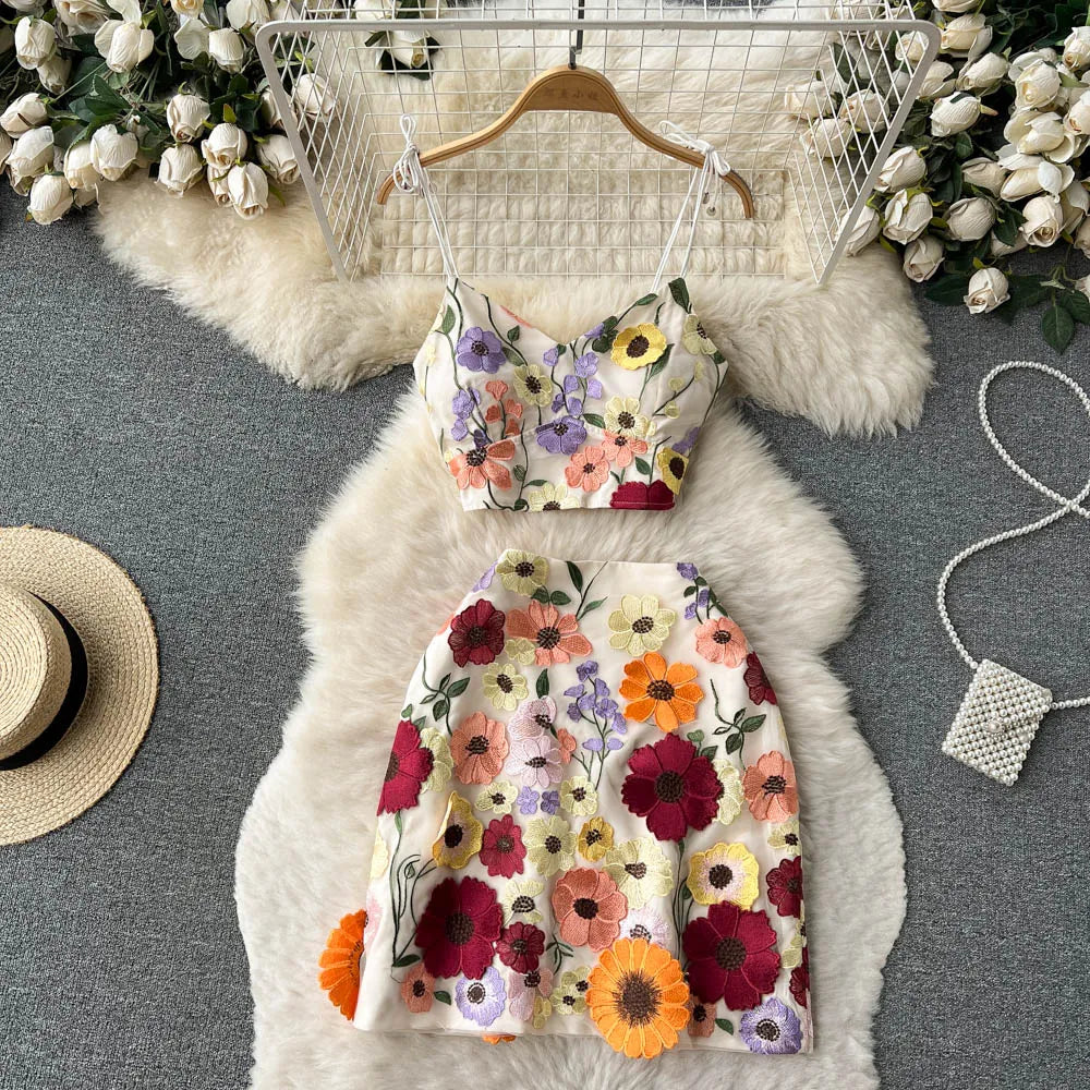 Embroidery Hot Sexy Two-Piece Sets Women Strapless Backless Short Camisole+Mini Skirts 2023 New Summer Female Suits